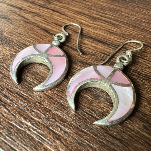 Vintage Pink Mother of Pearl 925 Sterling Silver Earrings Native American Mexico - Picture 3 of 6